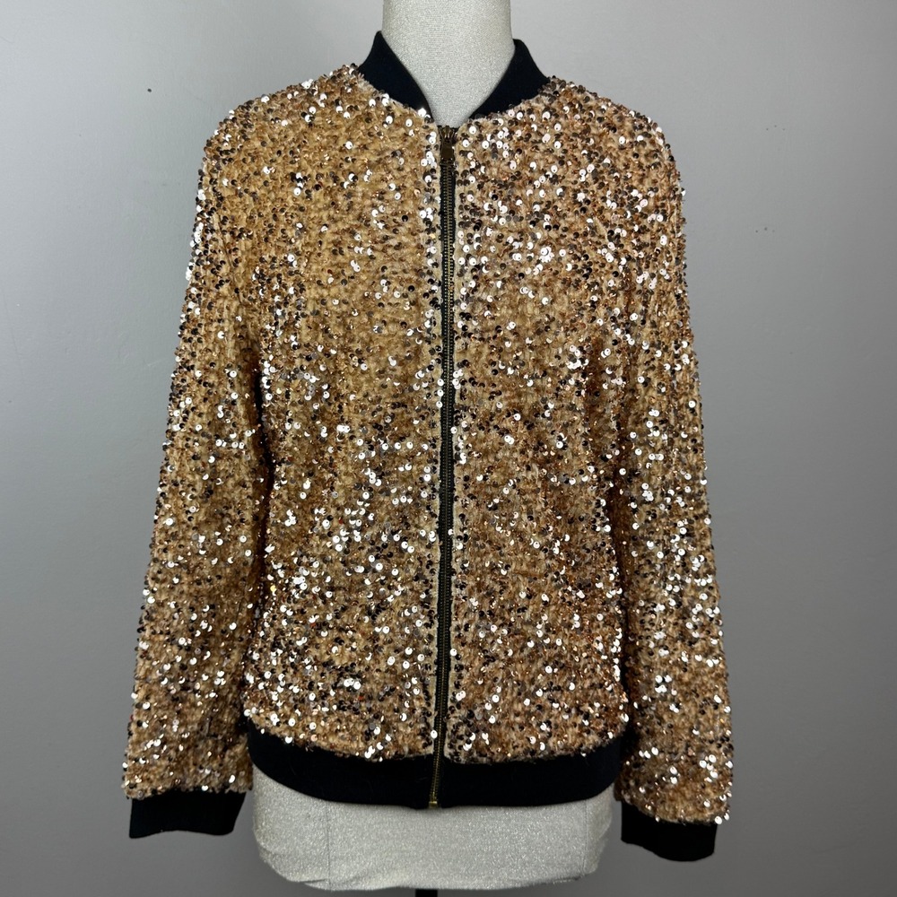 Extro & Vert Sequin Bomber Jacket Women M Gold Sparkle NYE Party Glam Holiday